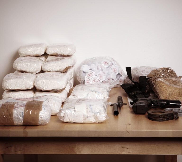 Multiple sealed packages, a handgun, two walkie-talkies, handcuffs, and plastic bags displayed on a wooden table after a drug trafficking arrest in Dayton.