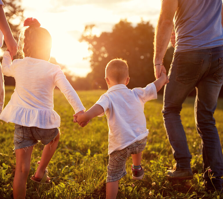 Two adults and two young children walk hand-in-hand through a grassy field at sunset, viewed from behind—a peaceful scene evoking the importance of family, something a child custody attorney Dayton understands deeply.